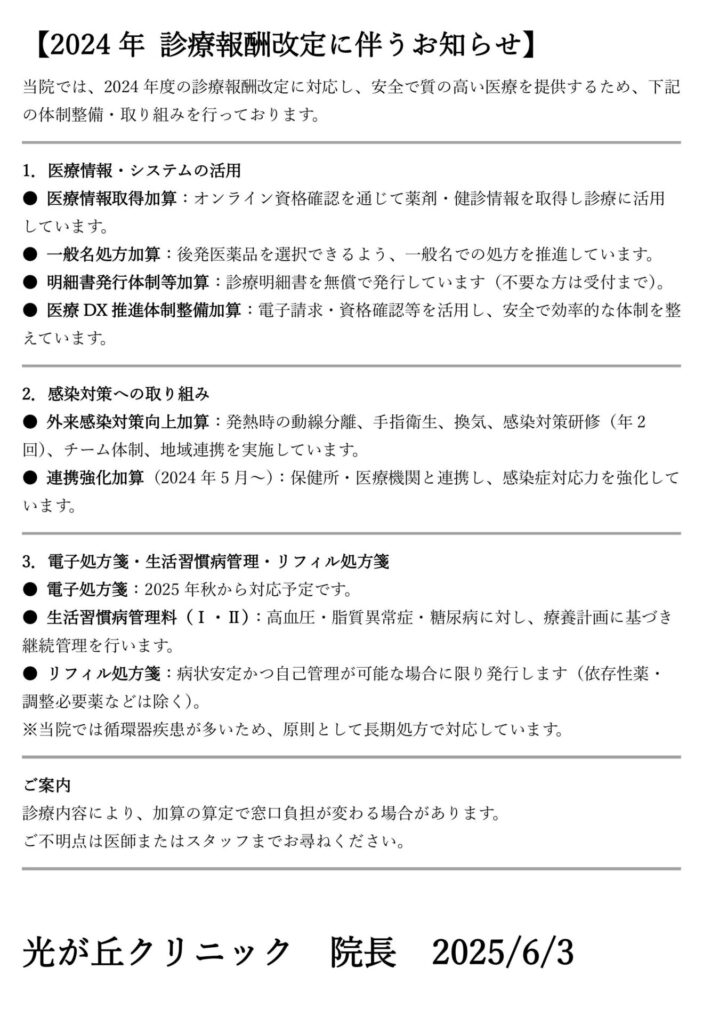 2024年診療報酬改定に伴うお知らせの院内掲示