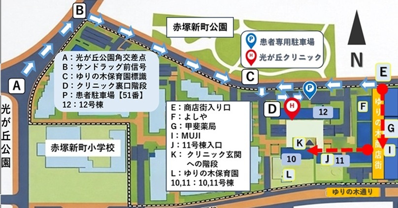 板橋区赤塚新町の光が丘クリニックへのアクセスマップ（地下鉄赤塚駅・ゆりの木商店街・患者専用駐車場の位置）
